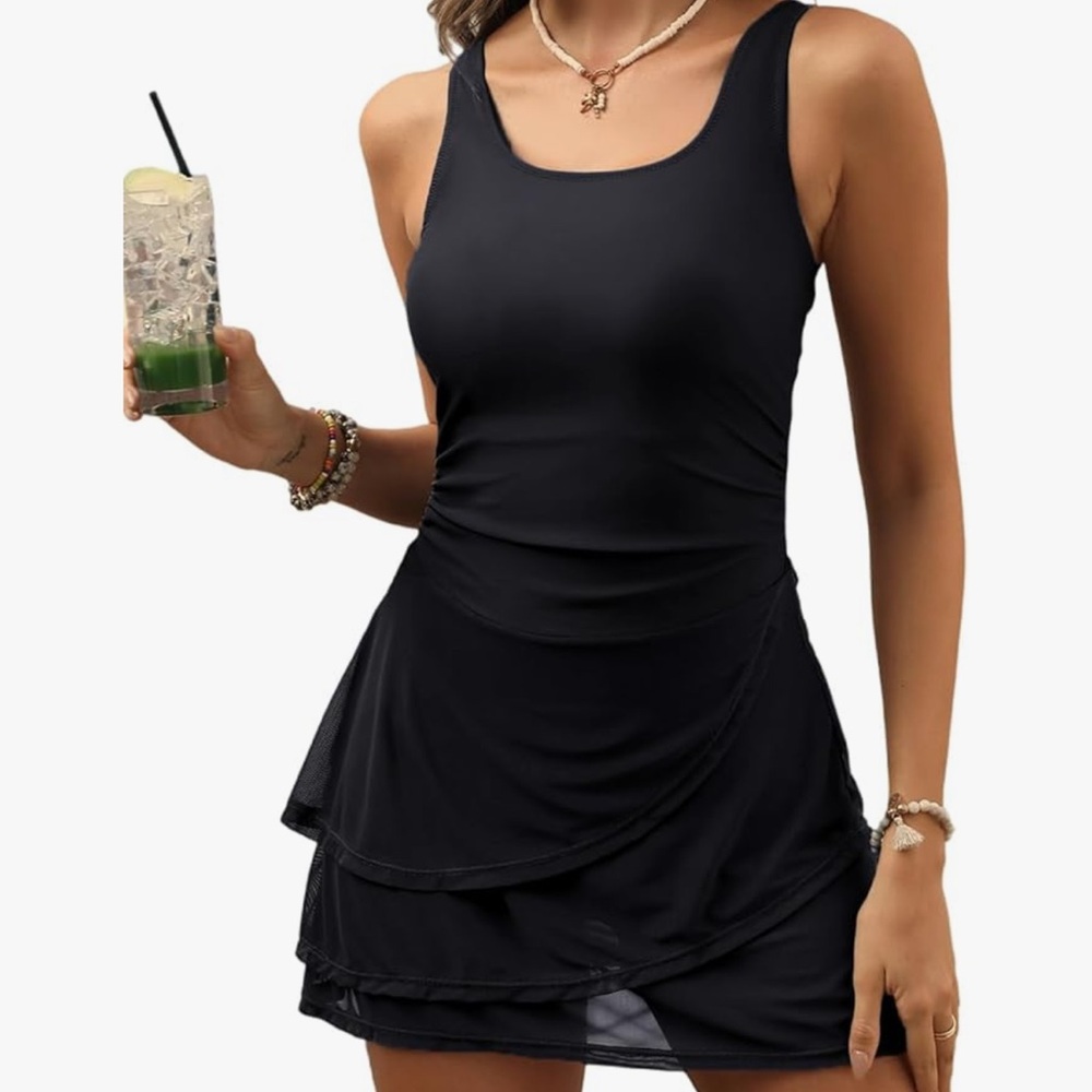 NWT One Piece Tummy Control Modest Swim Dress Rushed Bathing Suit Mesh Skirt